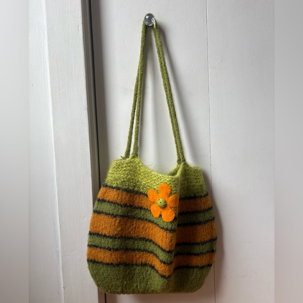 Green and Orange Striped Women's Bag